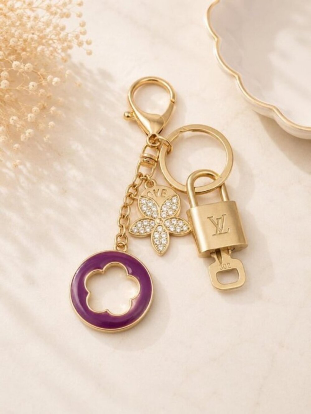 LV Authentic Gold Padlock 🔒 Key Set w/ Unbranded Flower Keychain Charm